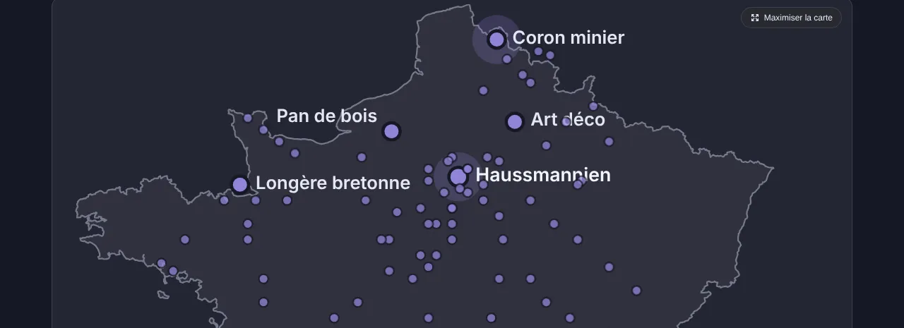 Carte de France de l'application : épingles des typologies, dont Coron minier, Pan de bois, Art déco, Longère bretonne et Haussmannien, dans le nord du pays.